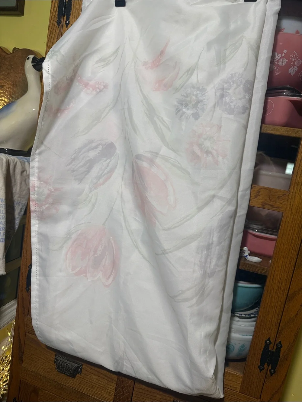 White Floral Polyester Shower Curtain Panel - White with Pink pastel cottagecore